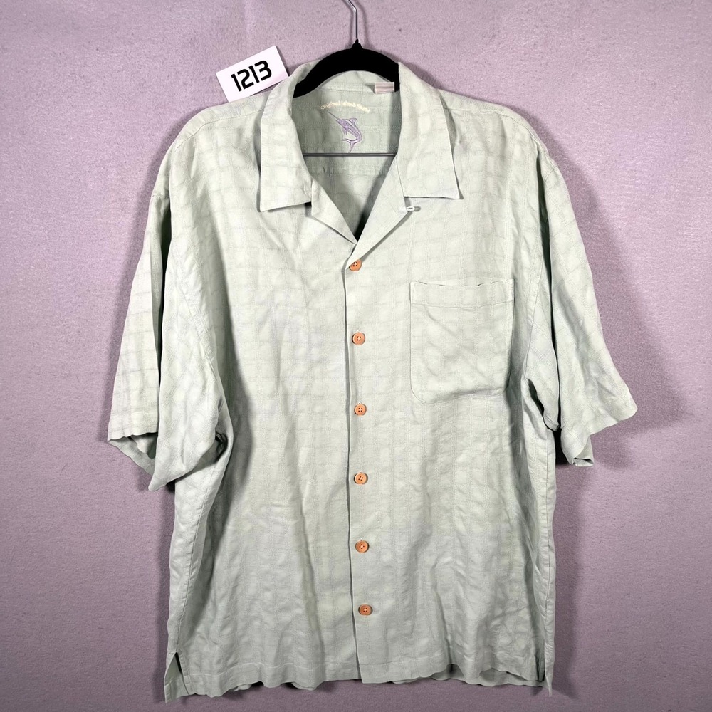 Original Island Sports Shirt Mens Large Silk Check Logo‎ Embroidered Button Up